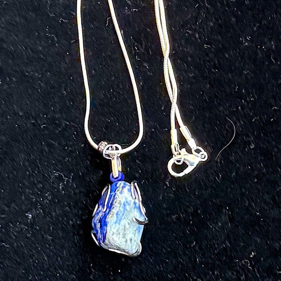 Lapis Lazuli Crystal Rock Silver Wrapped Necklace - Picture 1 of 6